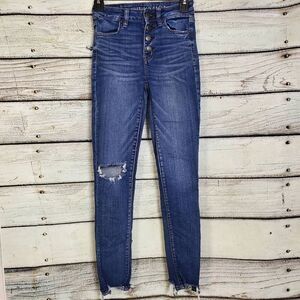 American Eagle Outfitters High Rise Distressed Skinny Jeans Size 0 Button Fly Fr